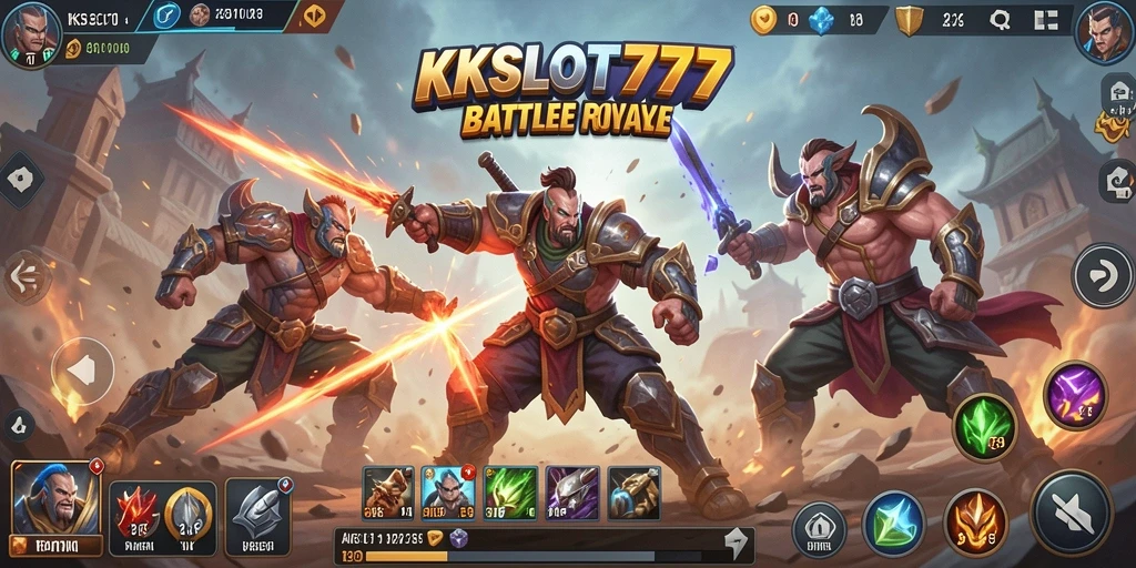 Tangkapan layar utama KKSLOT777 menunjukkan aksi intens dalam pertempuran Battle Royale.