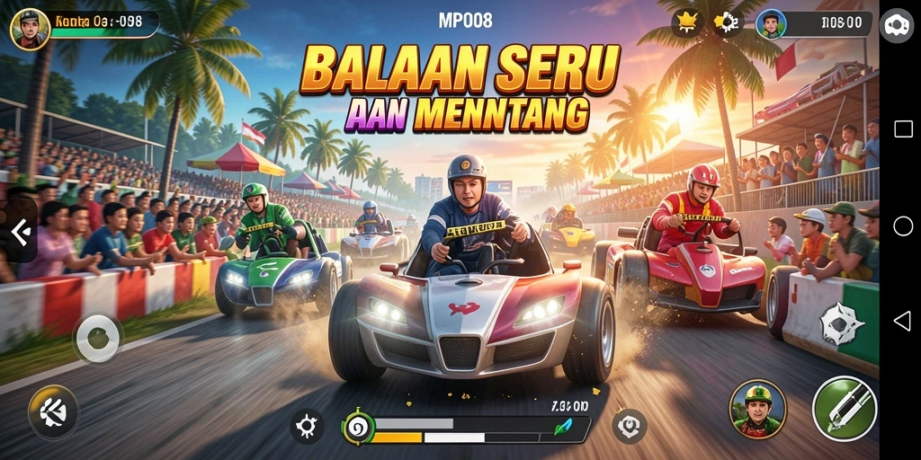 Gameplay menarik dengan mobil balap melawan latar belakang trek yang menantang.