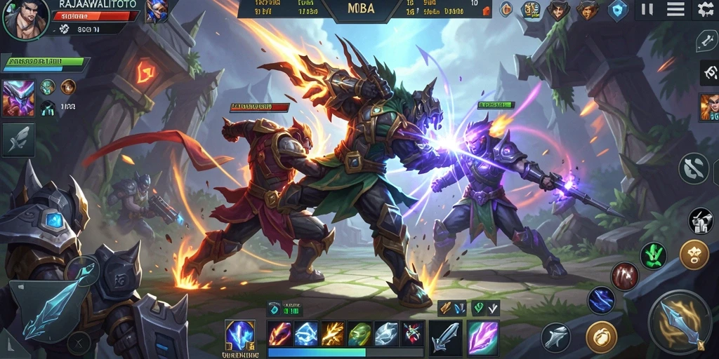 Screenshot gameplay RAJAWALITOTO yang mendebarkan saat pertarungan tim.